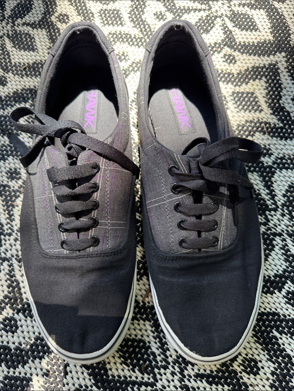 VintageTony Hawk Black Canvas Low-Top Sneakers with Subtle Purple grey plaid  13